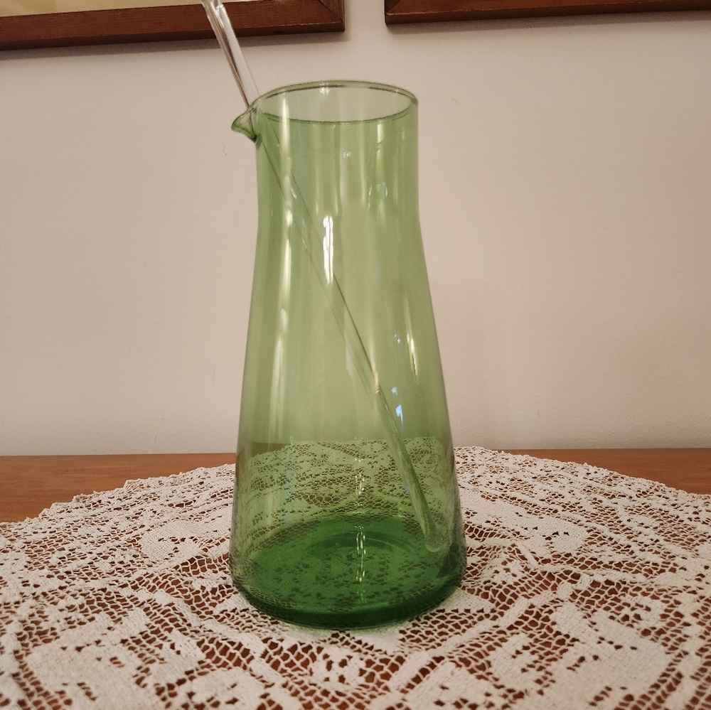 Vintage Green Glass Cocktail Pitcher with Stirrer